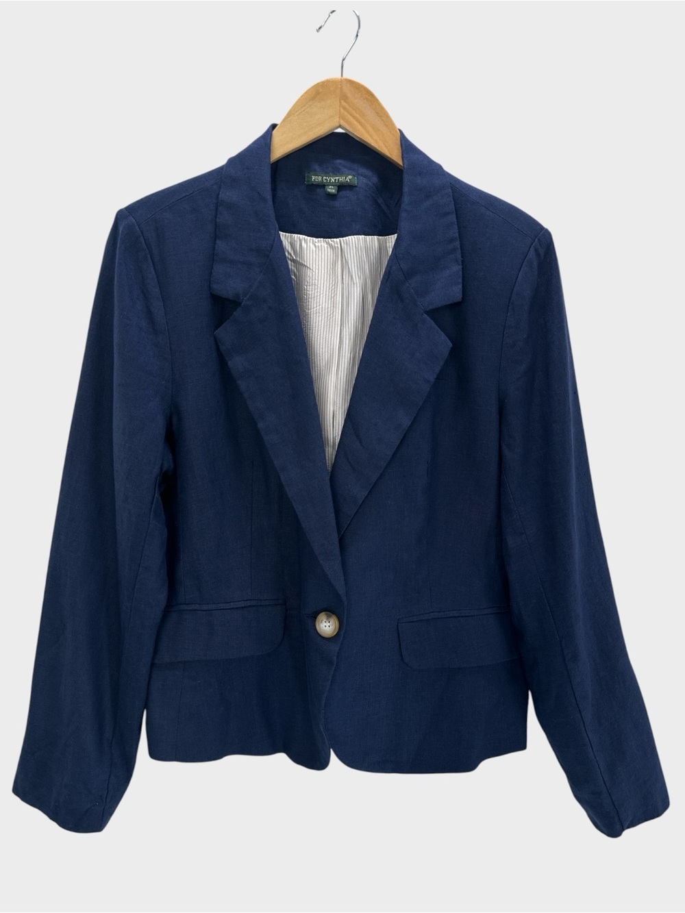 For Cynthia Navy Linen Blazer Jacket One Button Notch Lapel Quiet Luxury Classic